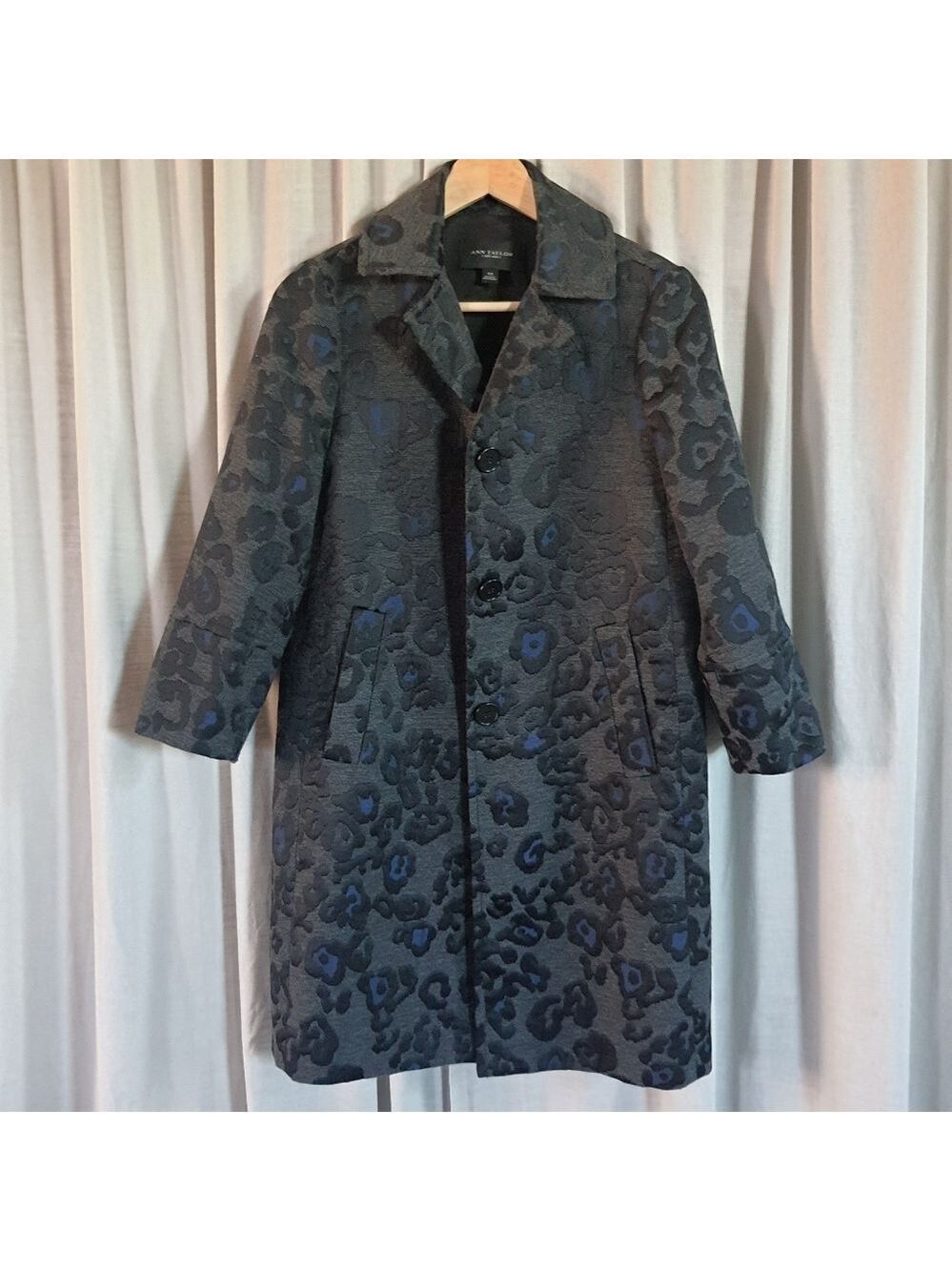 Ann Taylor Elegant Long Coat Womens XS Blue Gray Black Pattern 3/4 Sleeves